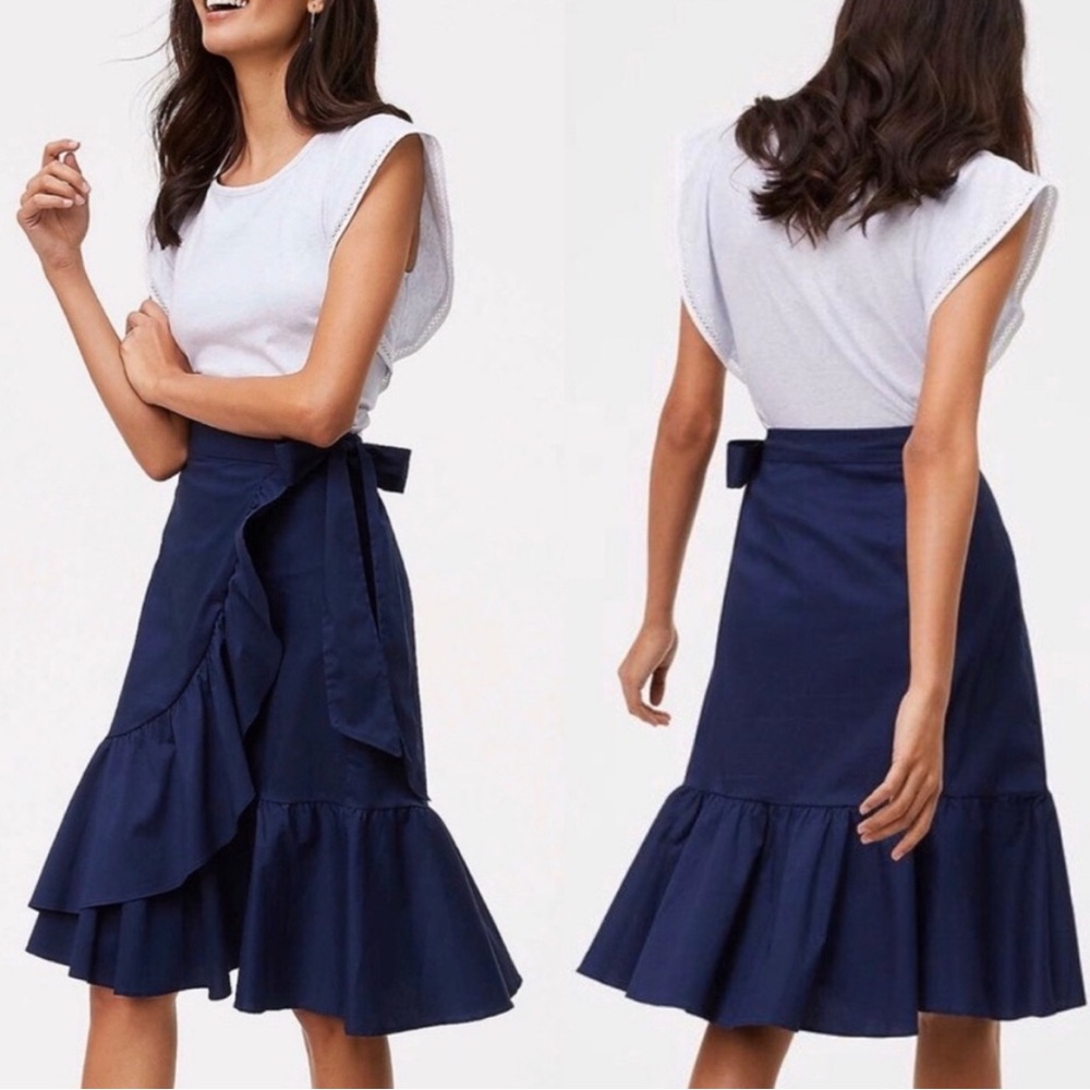 LOFT Navy Blue Ruffled Wrap Skirt Taffeta Tie 10